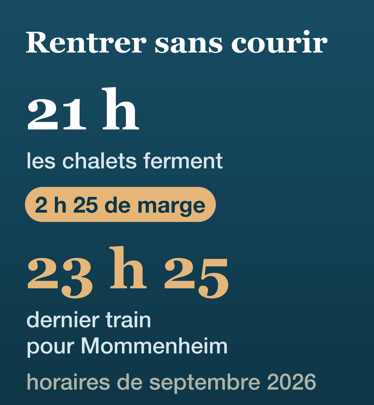 Les chalets ferment à 21 h, le dernier train pour Mommenheim part de Strasbourg à 23 h 25 : 2 h 25 de marge, horaires de septembre 2026.